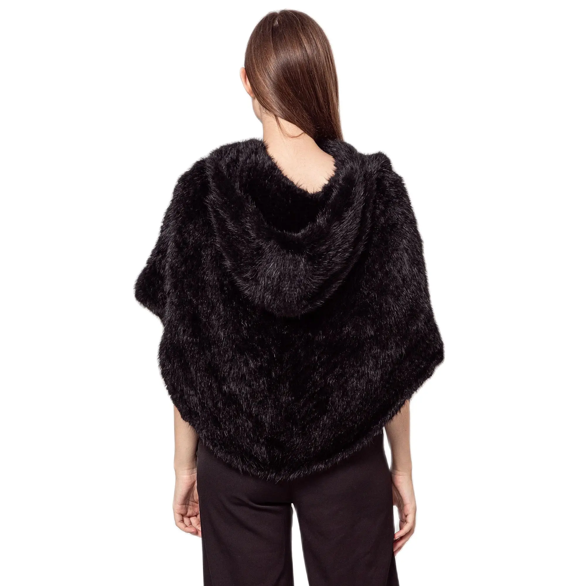 Knitted Mink Fur Cape for Women, Mini Shawl with Hood, Oversize Pullover, Black Cape, Furry Stole, New Style, 210721