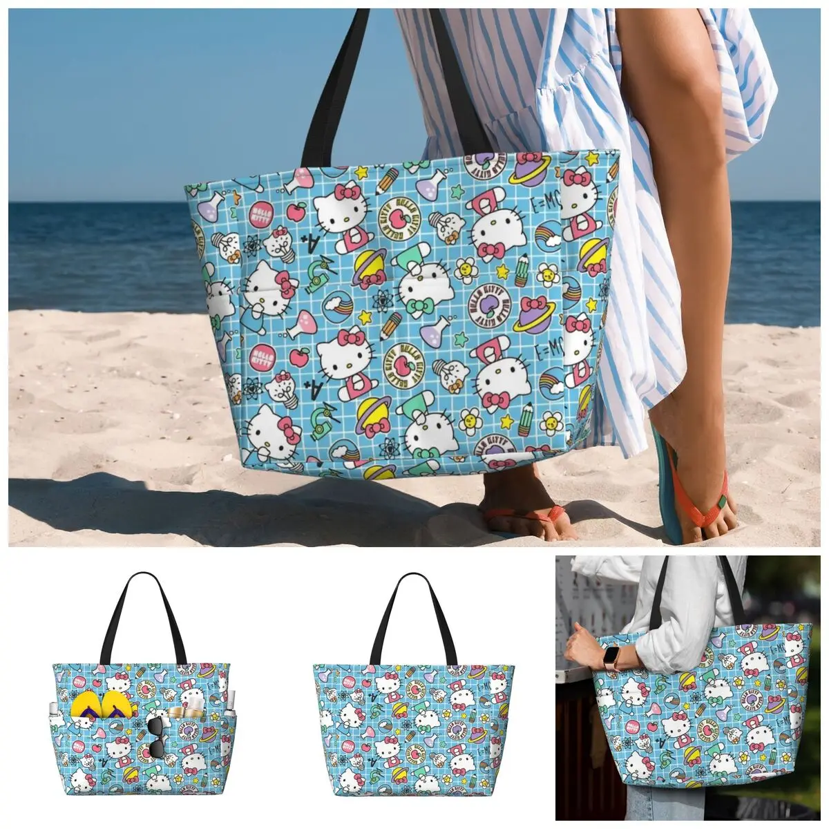 Bolso de playa de Hello Kitty con personaje de dibujos animados para mujer, bolso de mano impermeable, bolso KuromiPool con cremallera para gimnasio, comestibles, viajes