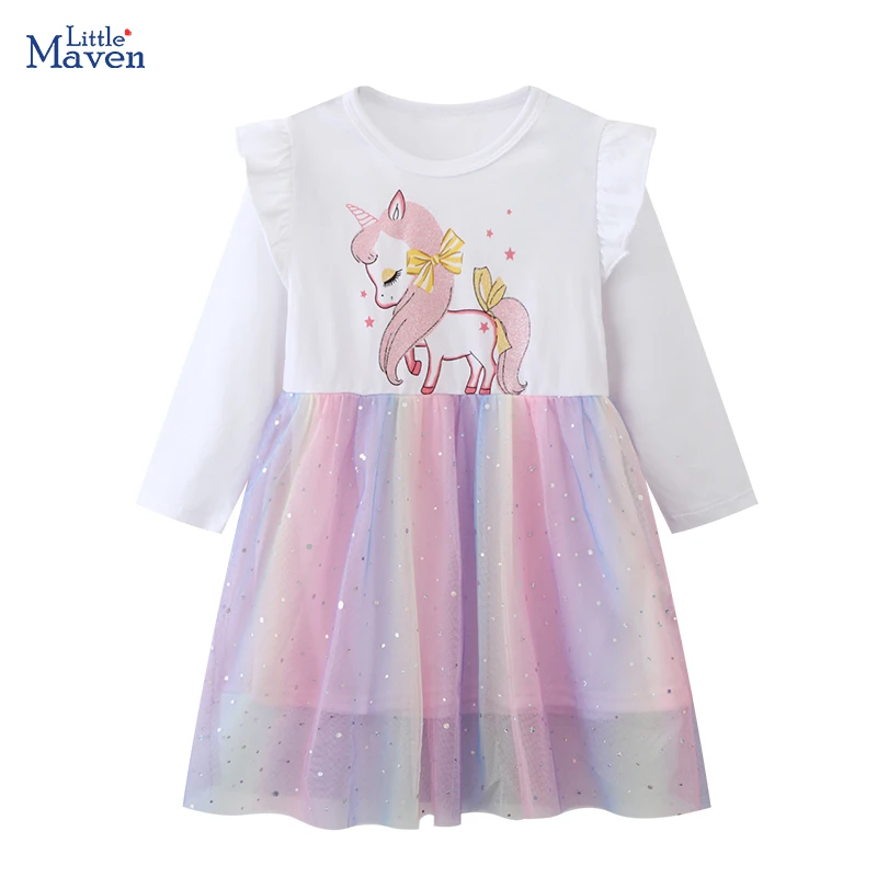 Little maven 2024 Spring Kids Unicorn Sequined Clothes Dresses Baby Girls Long Sleeve Mesh Dress Autumn Party Dress