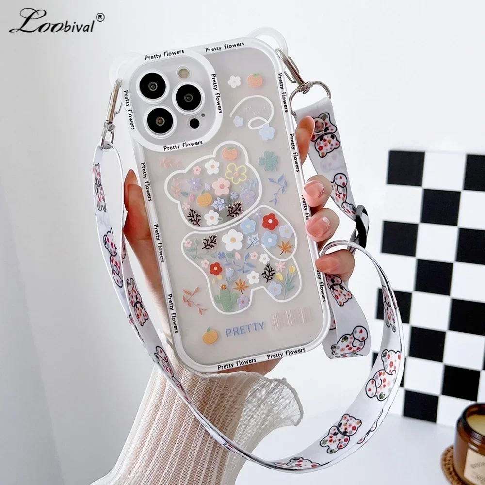 Cute Cartoon Flowers Bear Crossbody Case For iPhone 15 14 13 16 Pro Max 11 12 X Xs 7 8 Plus Cat Necklace Transparent Soft Cover