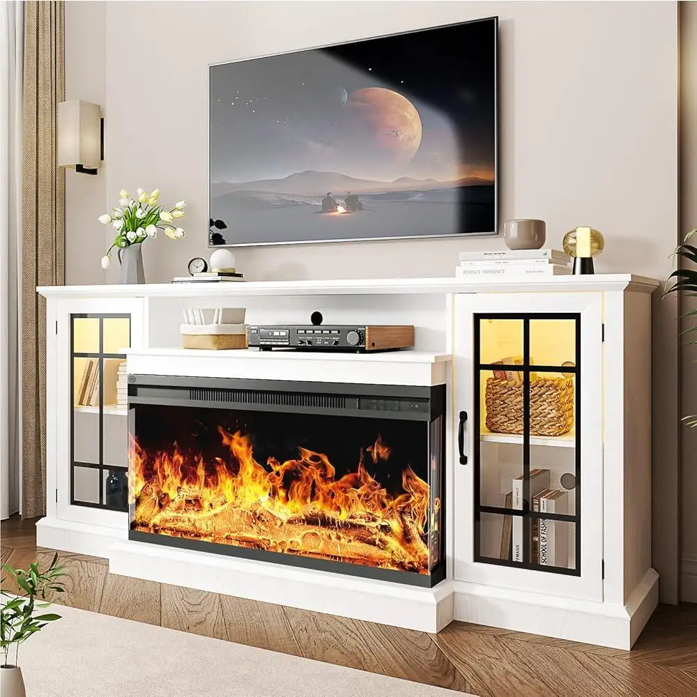 36 Inch 3 Sided Glass Fireplace TV Stand Elegant Media Console TVs up to 80 Inch Sturdy Storage with Adjustable Shelves