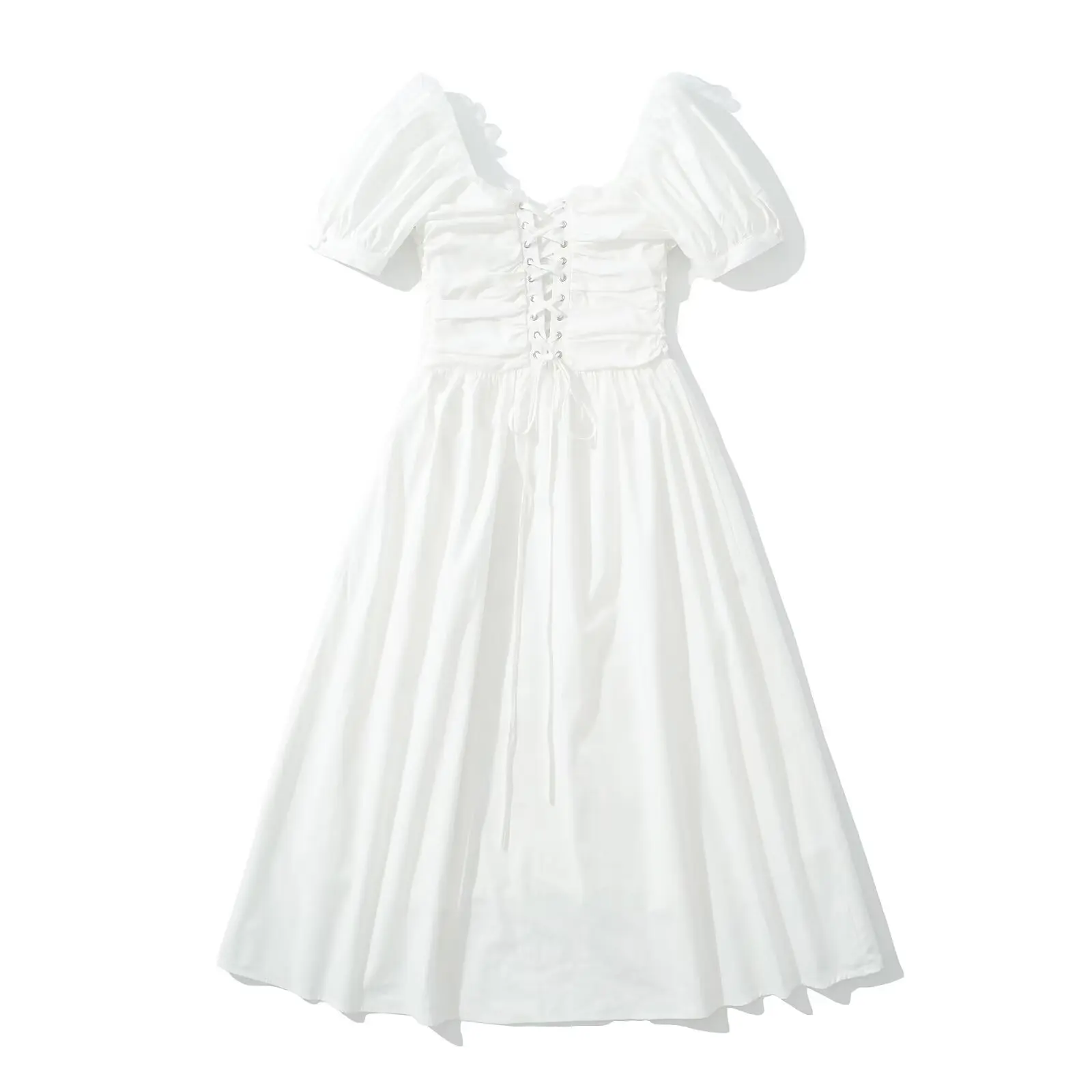 2025 White Lace Splicing Short Sleeve Summer Dress V-Neck Slim Waist A-Line Midi Dresses Casual Holiday Boho Beach Dress