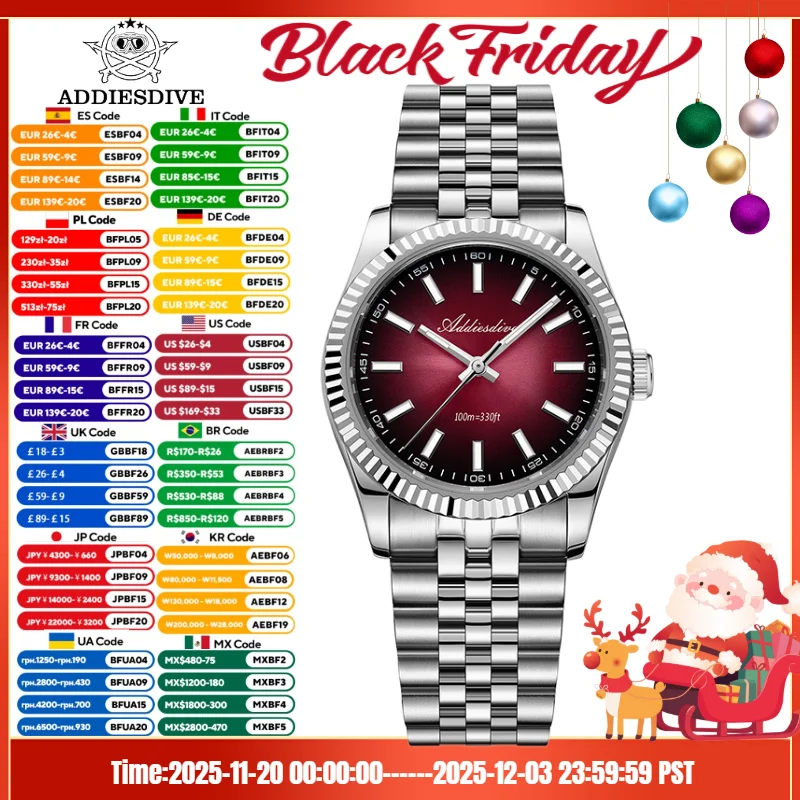 ADDIESDIVE 36mm 남자 시계 희년 스트랩 10Bar 다이빙 316L 스테인레스 스틸 사파이어 크리스탈 BGW9 슈퍼 빛나는 VH31 쿼츠 시계
