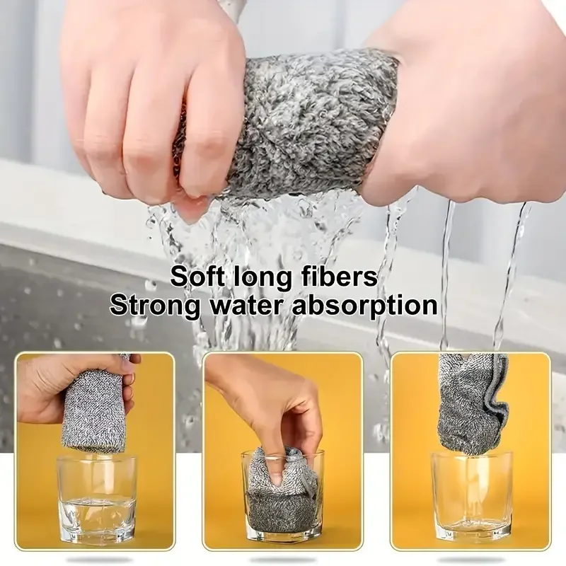 1/100PCS Gray Bamboo Charcoal Thickened Super Absorbent Dishcloth Anti-grease Kitchen Wiping Rags Microfiber Cleaning Cloths