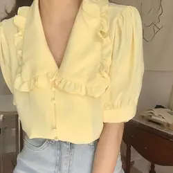 Mulheres Coreano Chic Peter Pan Collar Chiffon Blusas, Sólido Camisa de Manga Curta Solta, Botão de Fungo Árvore Tops, Verão, Novo