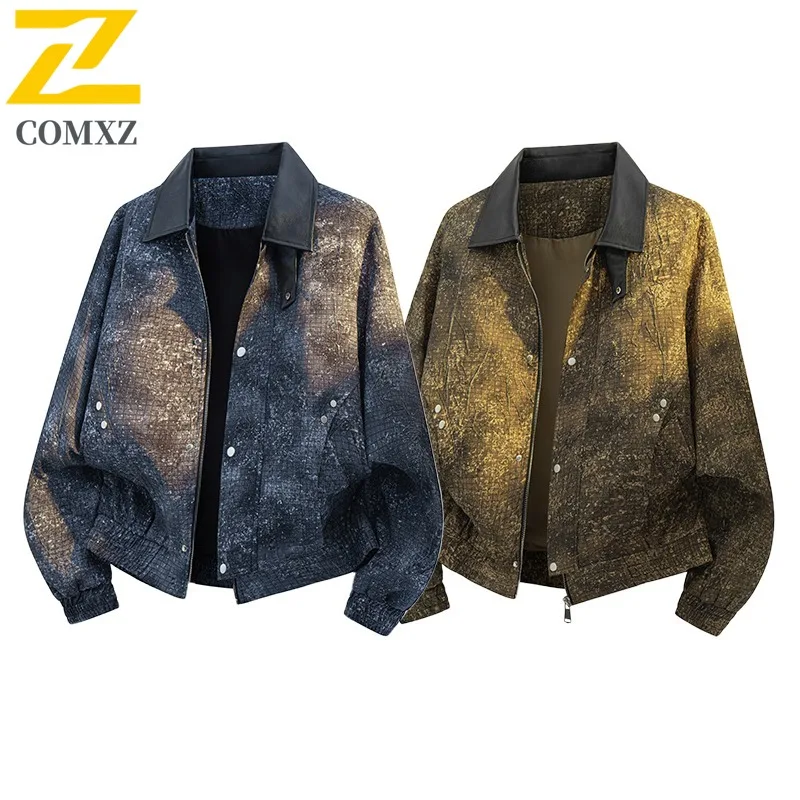 เสื้อแจ็คเก็ตผู้ชายคอตั้ง COMXZ สไตล์อเมริกัน เสื้อแจ็คเก็ตมอเตอร์ไซค์น้ำหนักเบา ดีไซน์คลาสสิก สวมใส่สบาย ทนทาน เสื้อผ้าฤดูใบไม้ร่วง