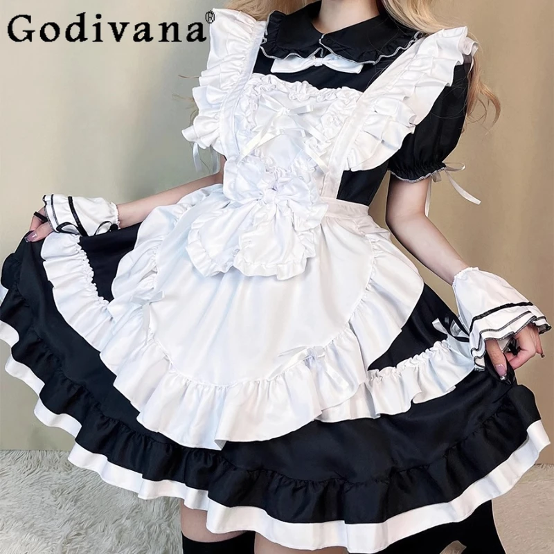 

L-5XL Large Size Heavy Industry Maid Cos Sexy Black Cute Japanese Lolita Summer Girls Short Sleeve Peter Pan Collar Short Dress