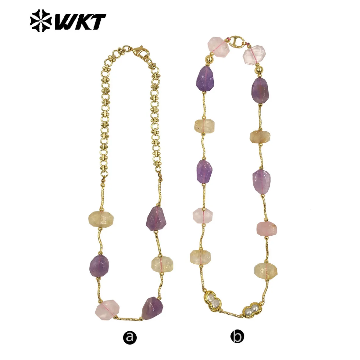

WT-N1492 Красивый элегантный натуральный камень, аметист, розовый кварц, желтый цитрин и жемчуг, дизайн, женская юбка, ожерелье