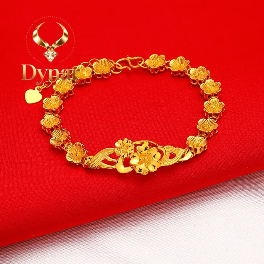 Dynar Jewelry    Vintage Single-Row Flower Bracelet for Women, 24K Gold, AU999 | Minimalist petal design with 4MM gold beads, su