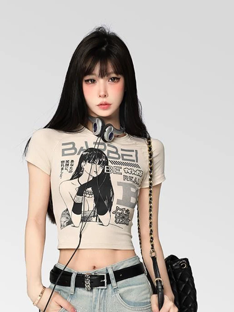 

Retro Cropped Print T Shirts Summer Slim Japanese O Neck Letter Y2K Tees Streetwear Casual Vintage All Match Lady Tops