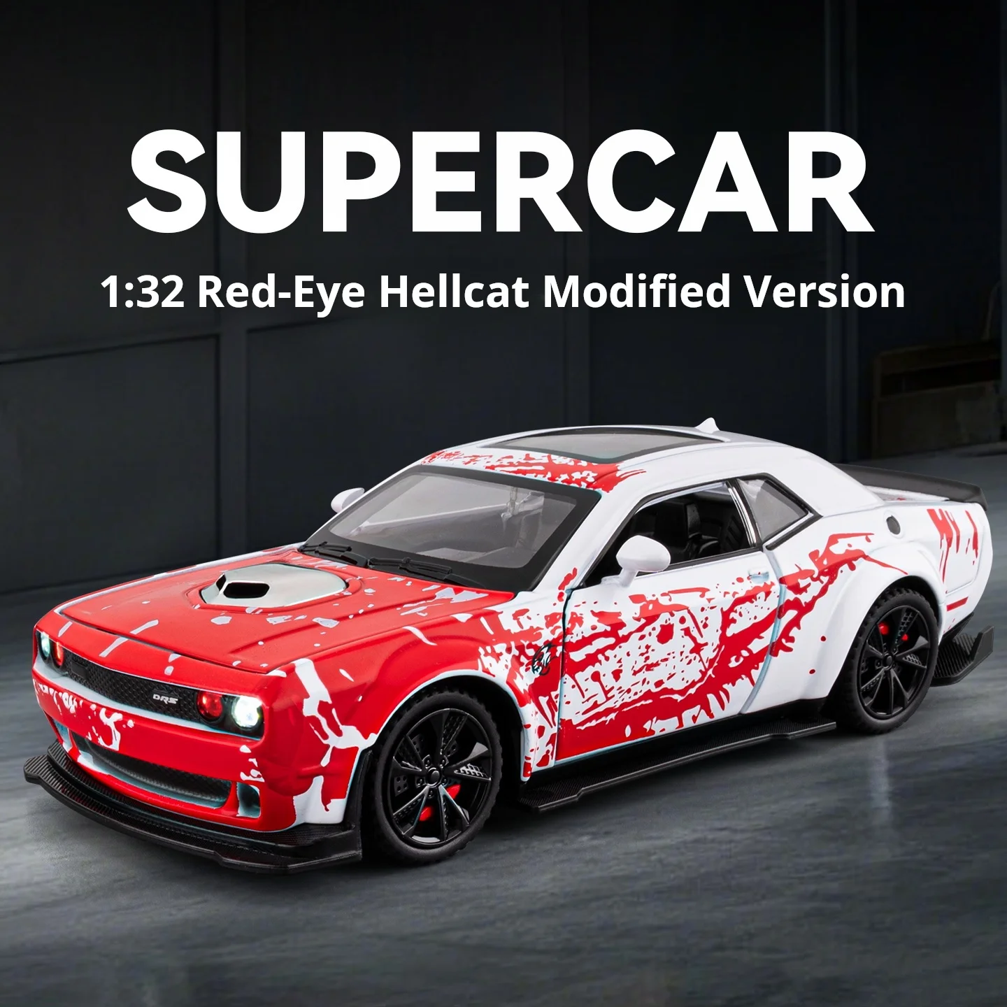 Trendy Toy Modèle réduit 1:32 Hellcat Red Eye modifié en alliage moulé sous pression, avec son et lumière, fonction de rétrofriction, voiture de collection, cadeau pour hommes