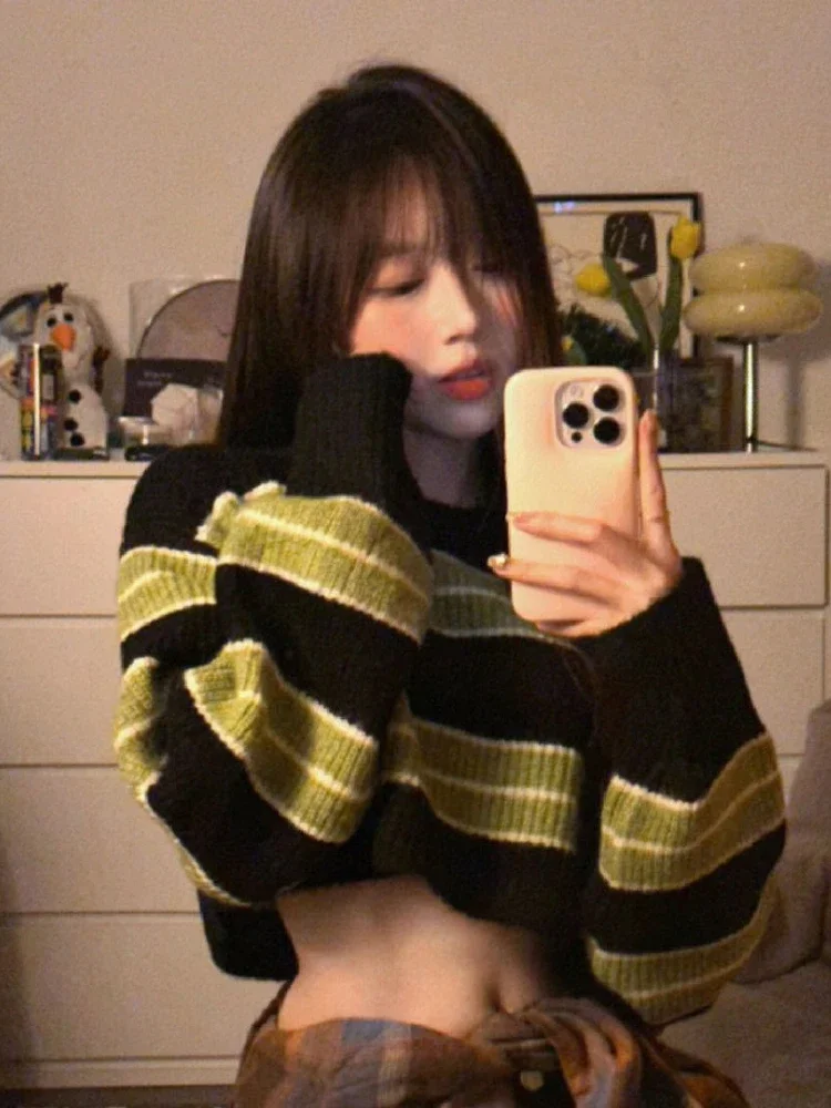 

Autumun Y2k Sexy Girl Cropped Sweater Women Thin Loose Striped Pullover Korean Fashion Harajuku Streetwear Vintage Jumper Fairy