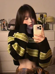 Autumun Y2k Sexy Girl Cropped maglione donna sottile Pullover a righe larghe moda coreana Harajuku Streetwear Vintage Jumper Fairy