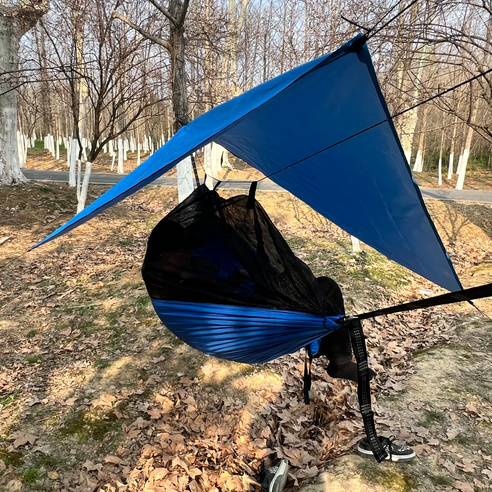 ポータブル蚊帳ハンモック-サンシェードキャノピー付き-屋外吊り下げ式寝具-キャンプ旅行用