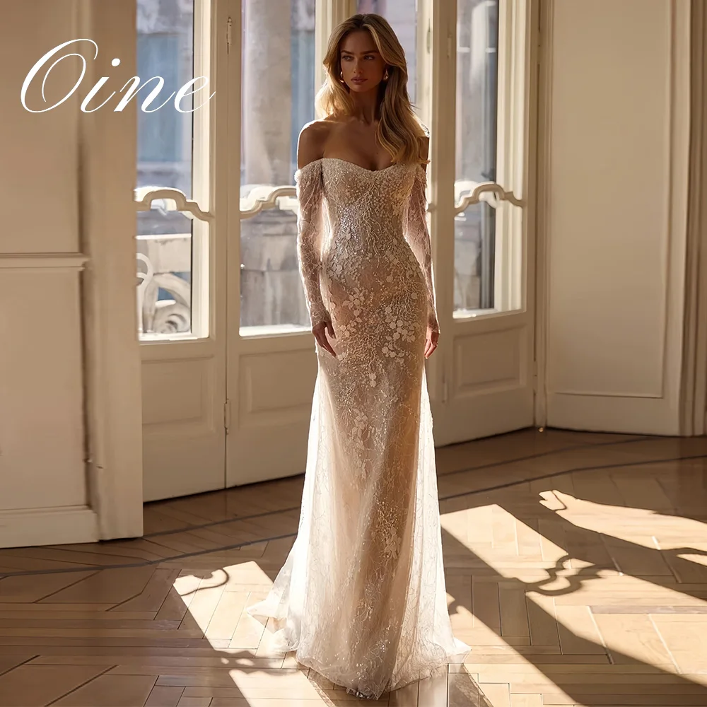 Oine Exquisites Perlen-Meerjungfrau-langes Hochzeitskleid, prächtige Spitzenapplikationen, Brautkleid, maßgeschneiderte schulterfreie Kleider für die Braut