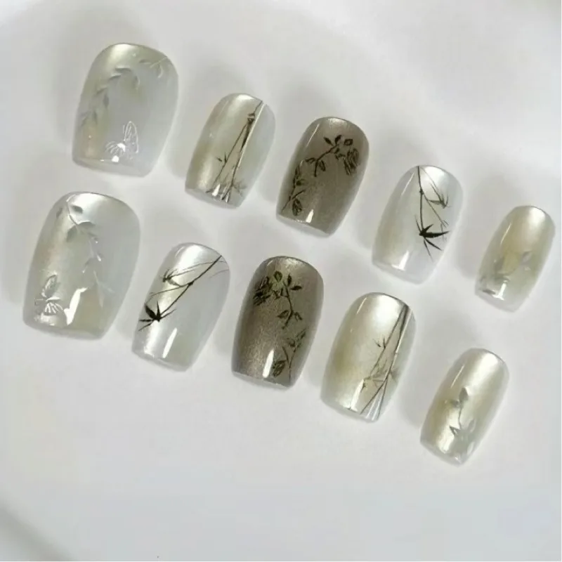 24 pçs unhas falsas artificiais para colar unhas curtas falsas baratas com ferramentas estilo chinês bambu imprensa realista em unhas acrílico