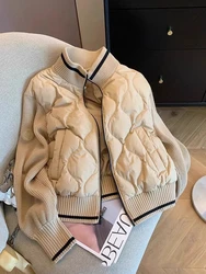 Fashionable Contrasting Color Design Stand Collar Cotton Jacket For Women Autumn Winter Lightweight Khaki Loose Cardigan Coat
