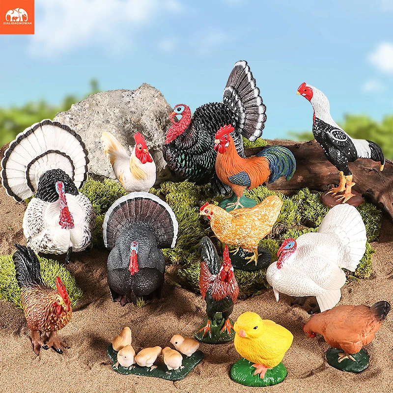Conjunto de Modelos de Animais de Fazenda Simulados - Figuras Educativas de Peru, Galo e Galinha para Crianças