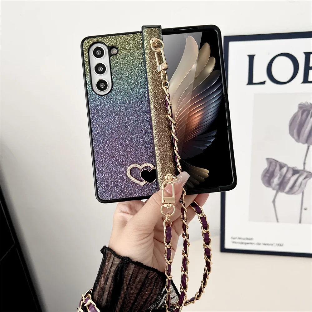 

Colorful Hinge Phone Case For Samsung Galaxy Z Fold 3 4 5 5G Glitter Lanyard Protective Shell Fold5 Fold4 Fold3 Cover