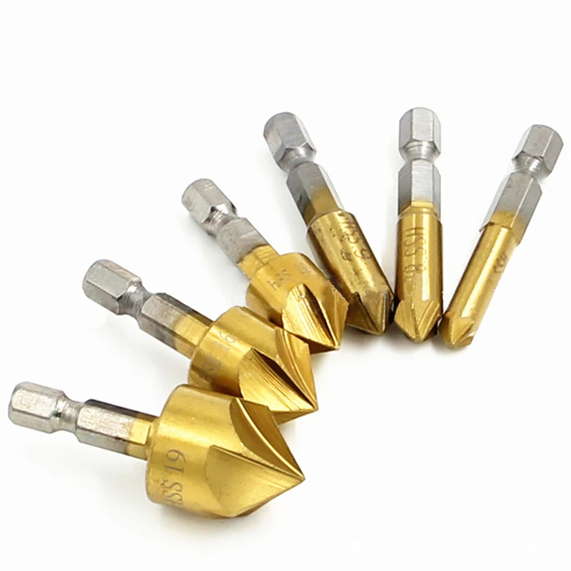 6Pcs Titanium Coating Countersink Drill Bit 1/4'' Hex Shank High Speed Steel 90 Degree Wood Chamfer Cutter 6/8/9/12/16/19mm