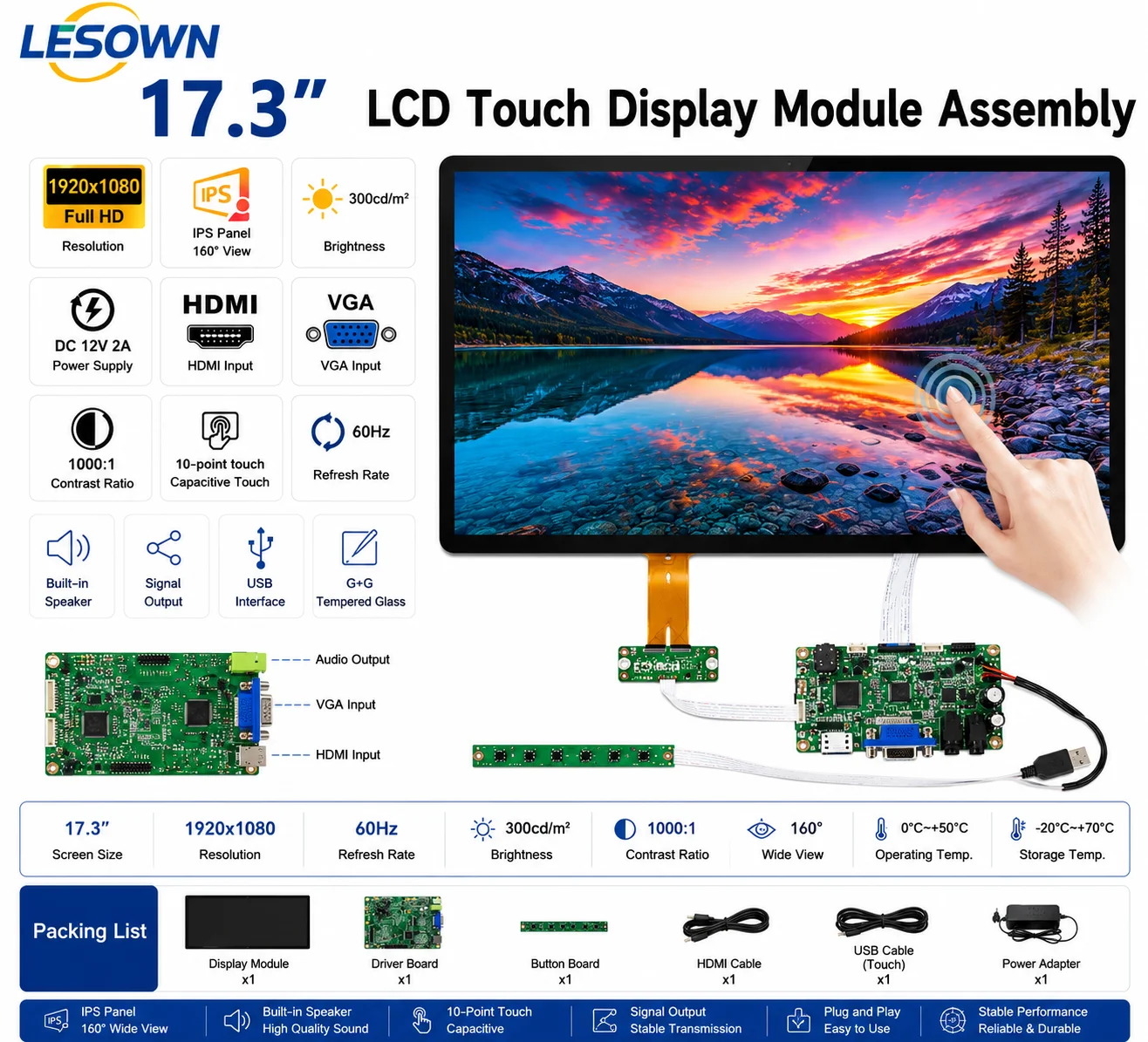 LESOWN 17.3 Inch Pantalla Monitor Module 1920x1080 FHD Touch Layout Driver-Free HDTV VGA Board with Audio Speaker