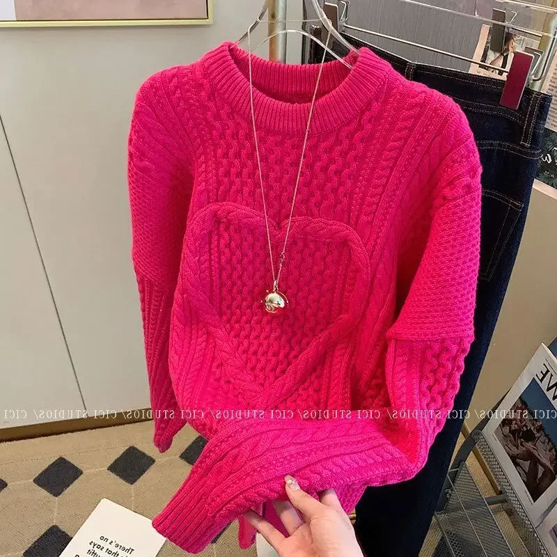 Gagaok Pull Femme Elegant Rose Pink Heart Knitted Sweater Top Korean Fashion Round Neck Solid Pullover Clothes Autumn Winter