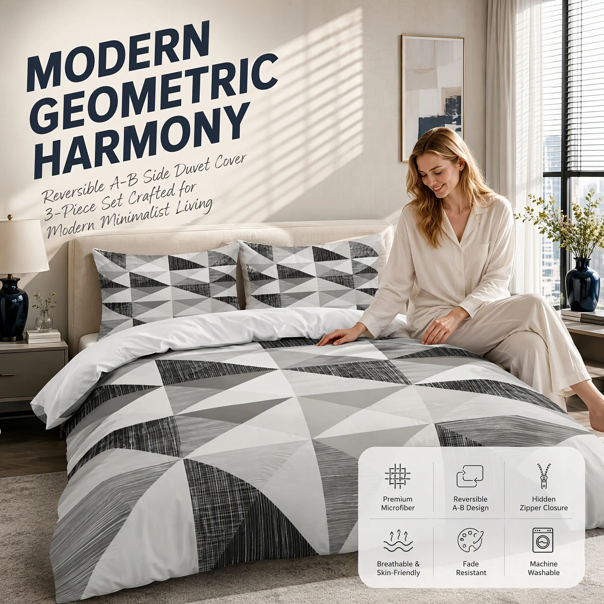 Geometric Patchwork Duvet Cover Set AB Version Double-Sided Digital Print Quilt Cover with Pillowcases