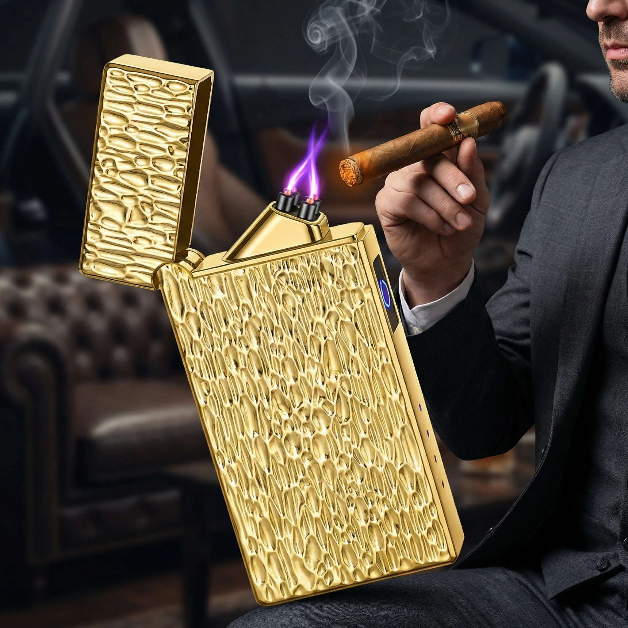 

Double-Sided Crater Texture Lighter, Dual Arc Purple Flame Lighter, Touch Sensor Ignition, Loud Flip Sound, USB Rechargeable