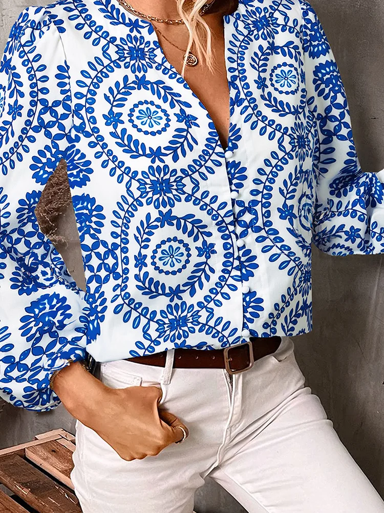 2025 New Autum Slim Long-Sleeved Tops for Women European and American Fashion Versatile Multi-Color Printed Shirts for Women Blue and White Modern Casual