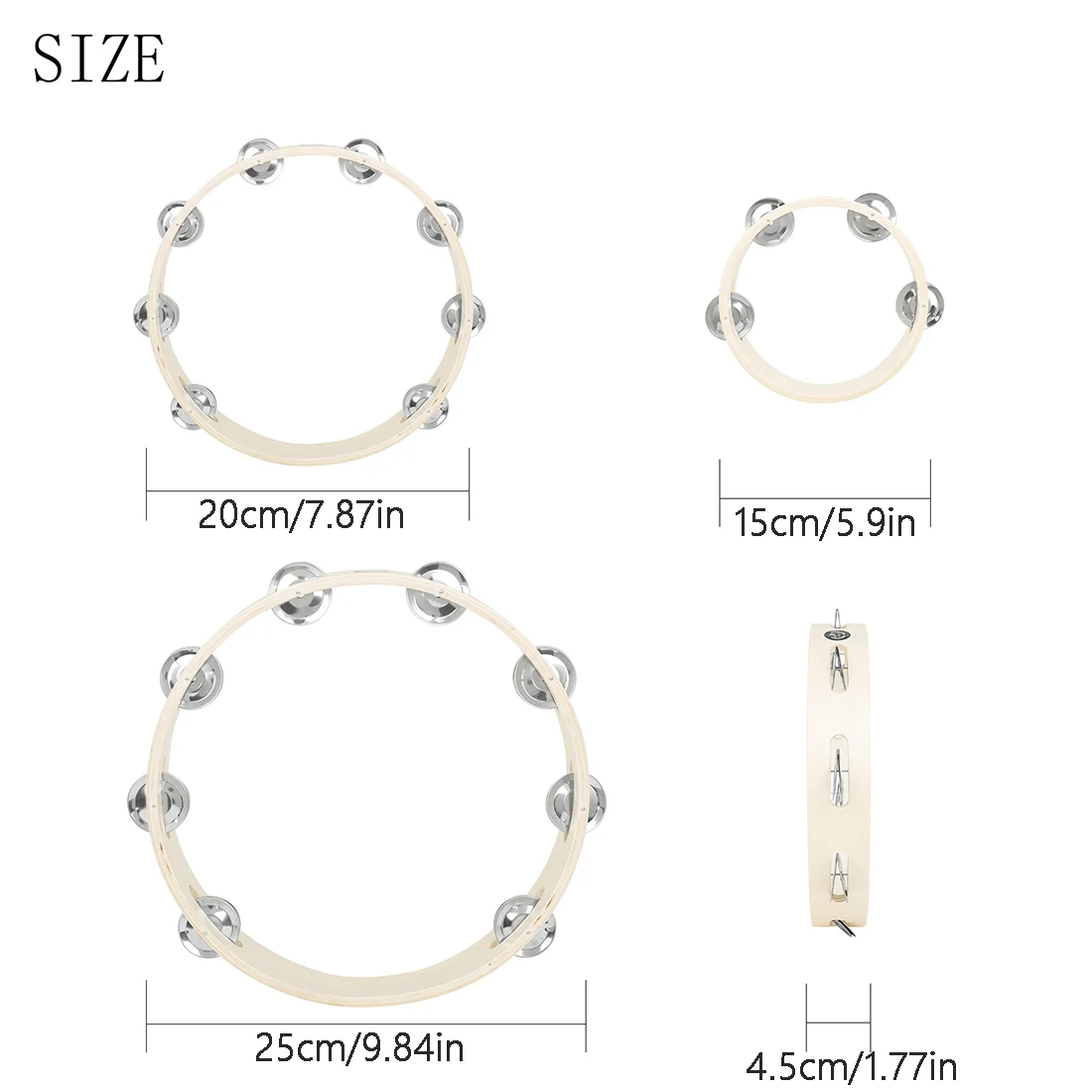 3PCS Wooden Tambourine 6 8 10 Inch Smooth Edge Hand Percussion with Metal Jingles Early Enlightenment Education Tools for Kids