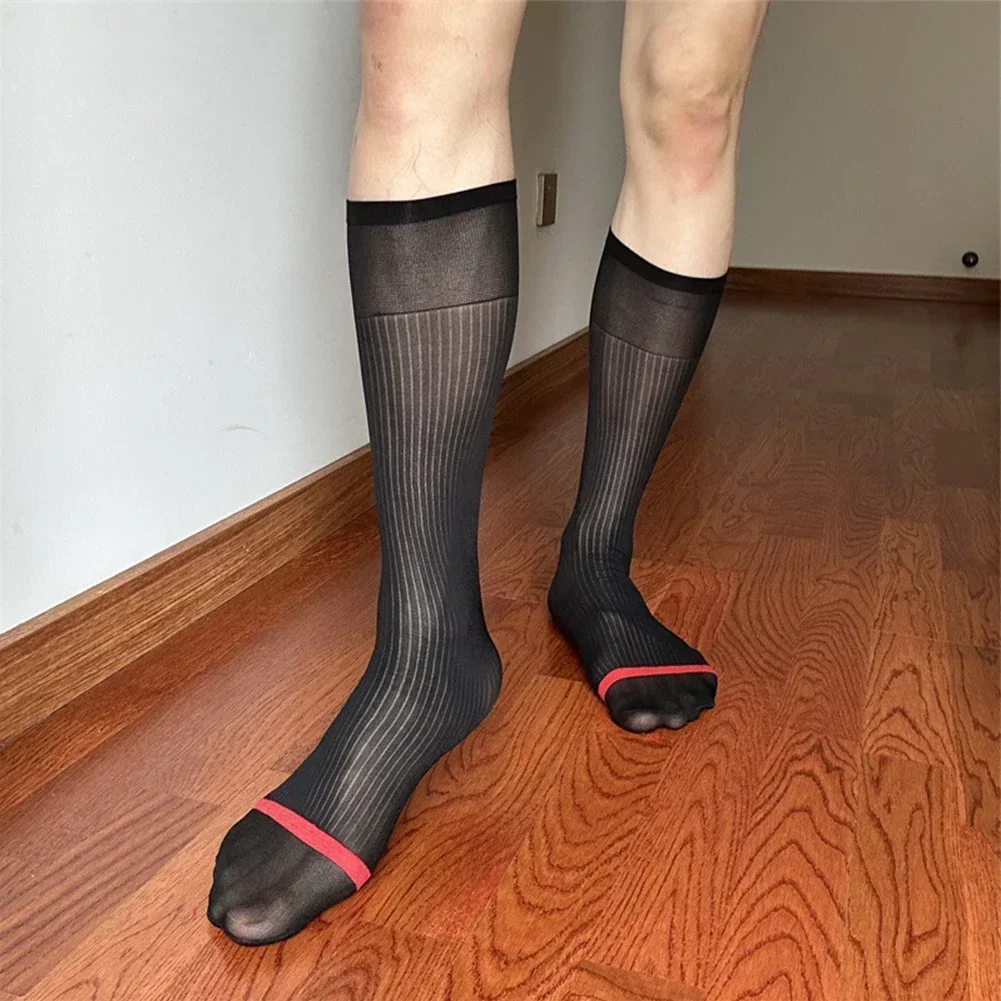 

1 Pair Men's Ultra Thin Striped Middle Tube Socks Sexy See Through Stockings Casual Business Formal Male Silky Sock