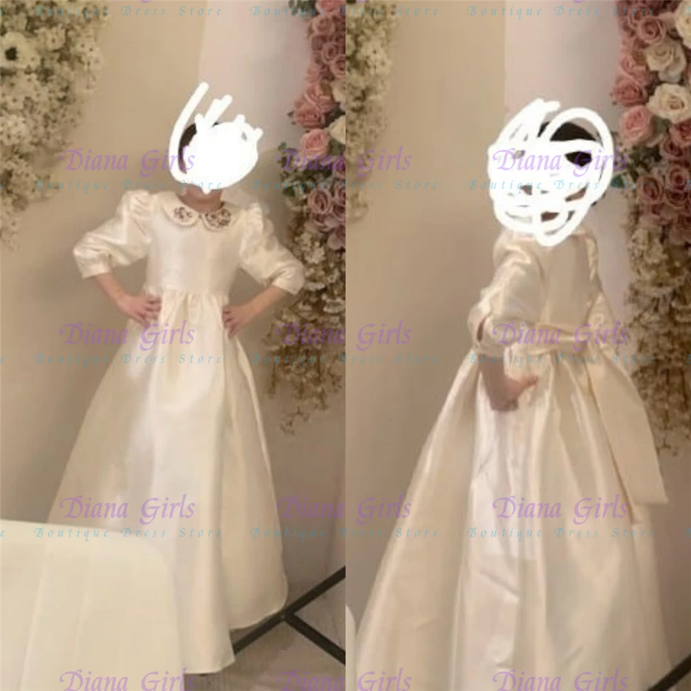 

Элегантное качественное платье с цветочным узором для девочек, атласное пышное платье цвета слоновой кости с изысканным длинным поясом-бантом для детей, вечерние платья на день рождения