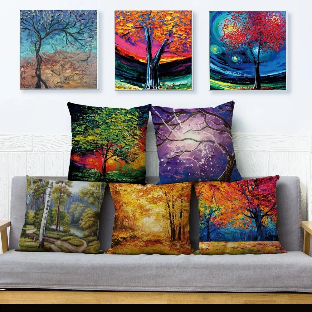 Colorful Painting Decorative Trees Flowers Printed Pillowcase Cushion Cover Polyester Pillow Case for Sofa Home 45*45cm