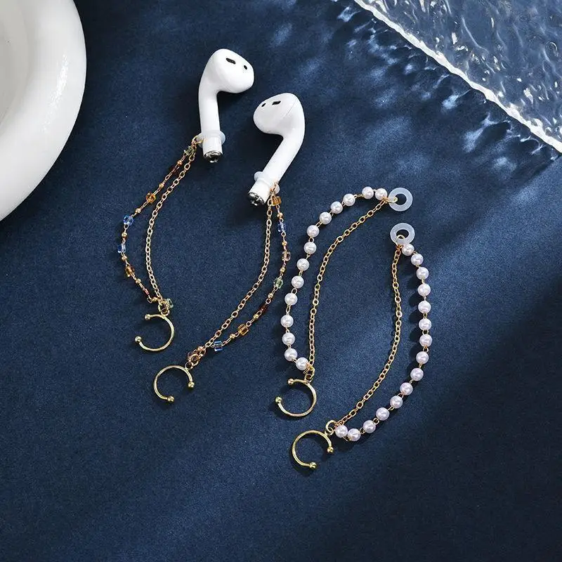 Anti Lost Wireless Earbud Holder Earrings Gold Plated Chain Shiny Faux Pearl Crystal for Christmas Gift for Friends
