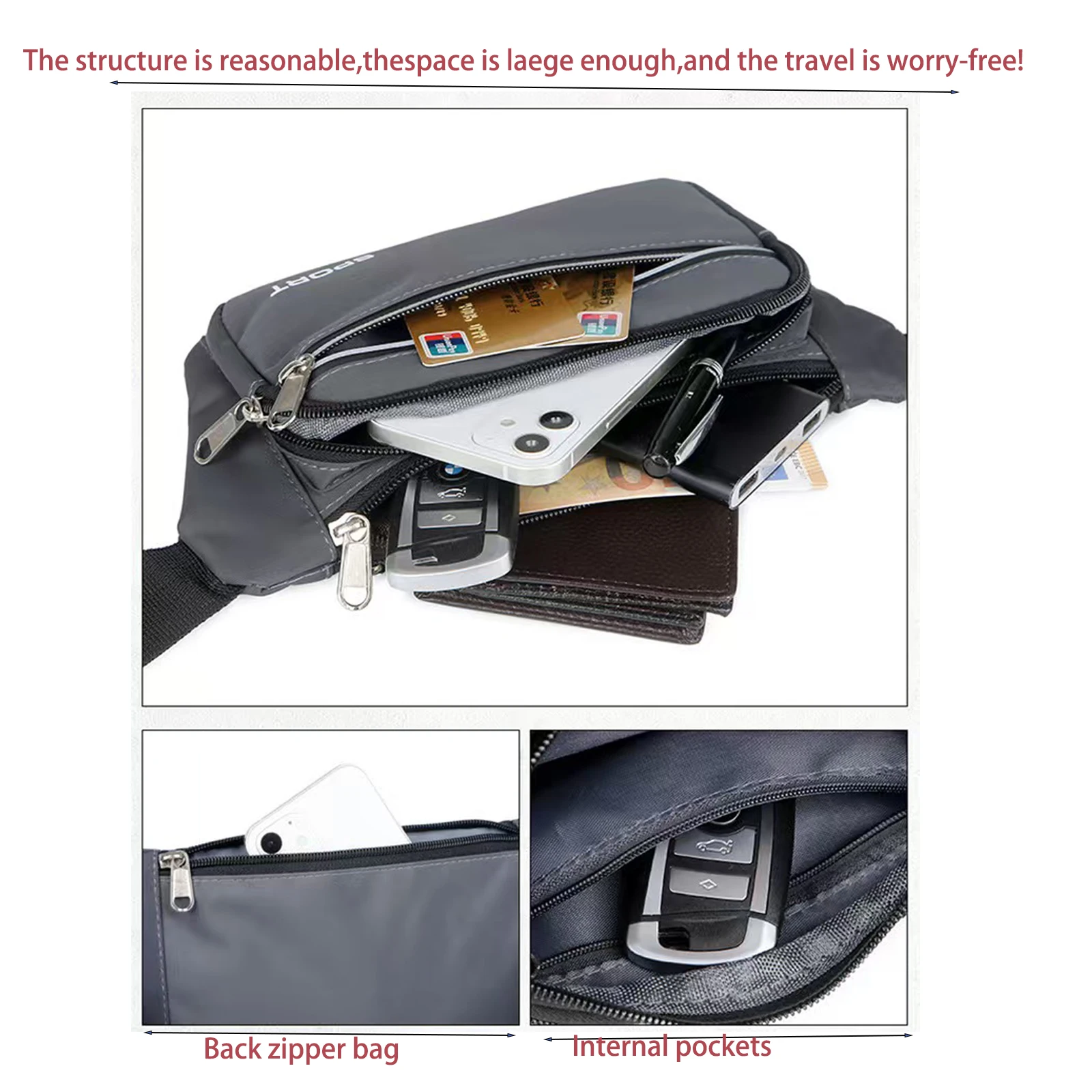 حقيبة كروس للجنسين مع جيوب بسحاب للسفر والجري والمشي لمسافات طويلة وتمارين الكلاب والمشي في الهواء الطلق وحقيبة حزام رياضي