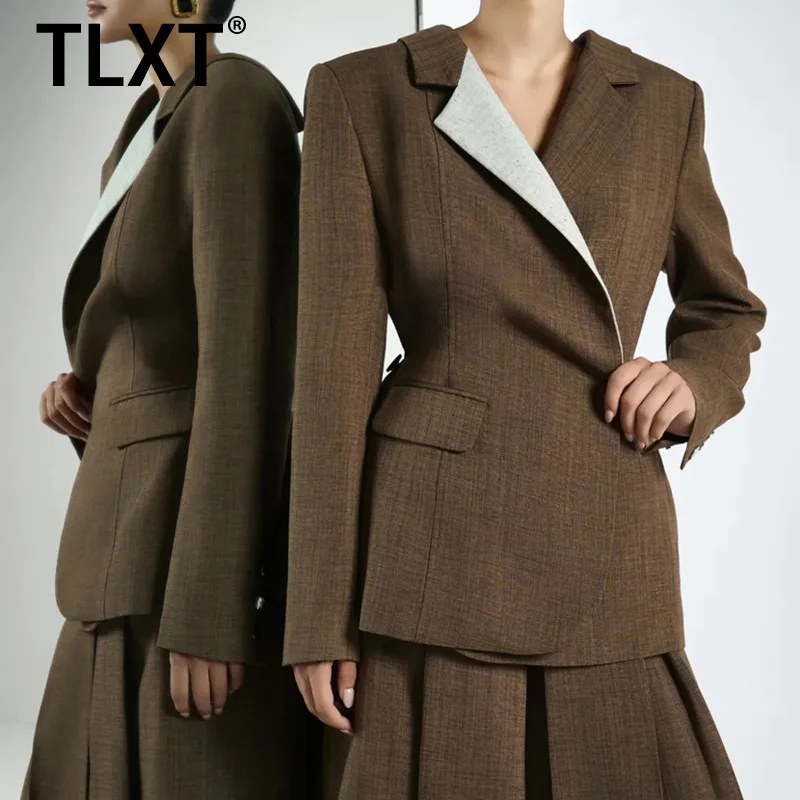 

TLXT Elegant Women's Hit Color Spliced Buttons Temperament Jackets Lapel Long Sleeves Patchwork Pockets Fashion Jacket Female