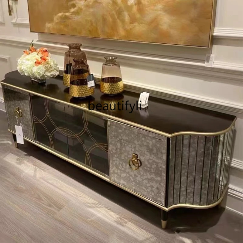 

American Living Room Solid Wood TV Cabinet Coffee Table Combination French Italian Glass Surface Audiovisual Cabinet