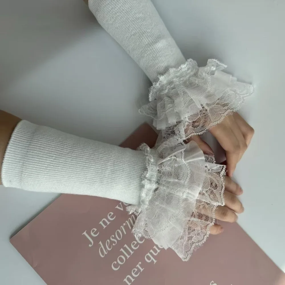 

1Pair Fashion Long Patchwork Sleeves Embroidery Black White Lace Ruffles Cuff Knitting Detachable Fake Sleeves Autumn Winter