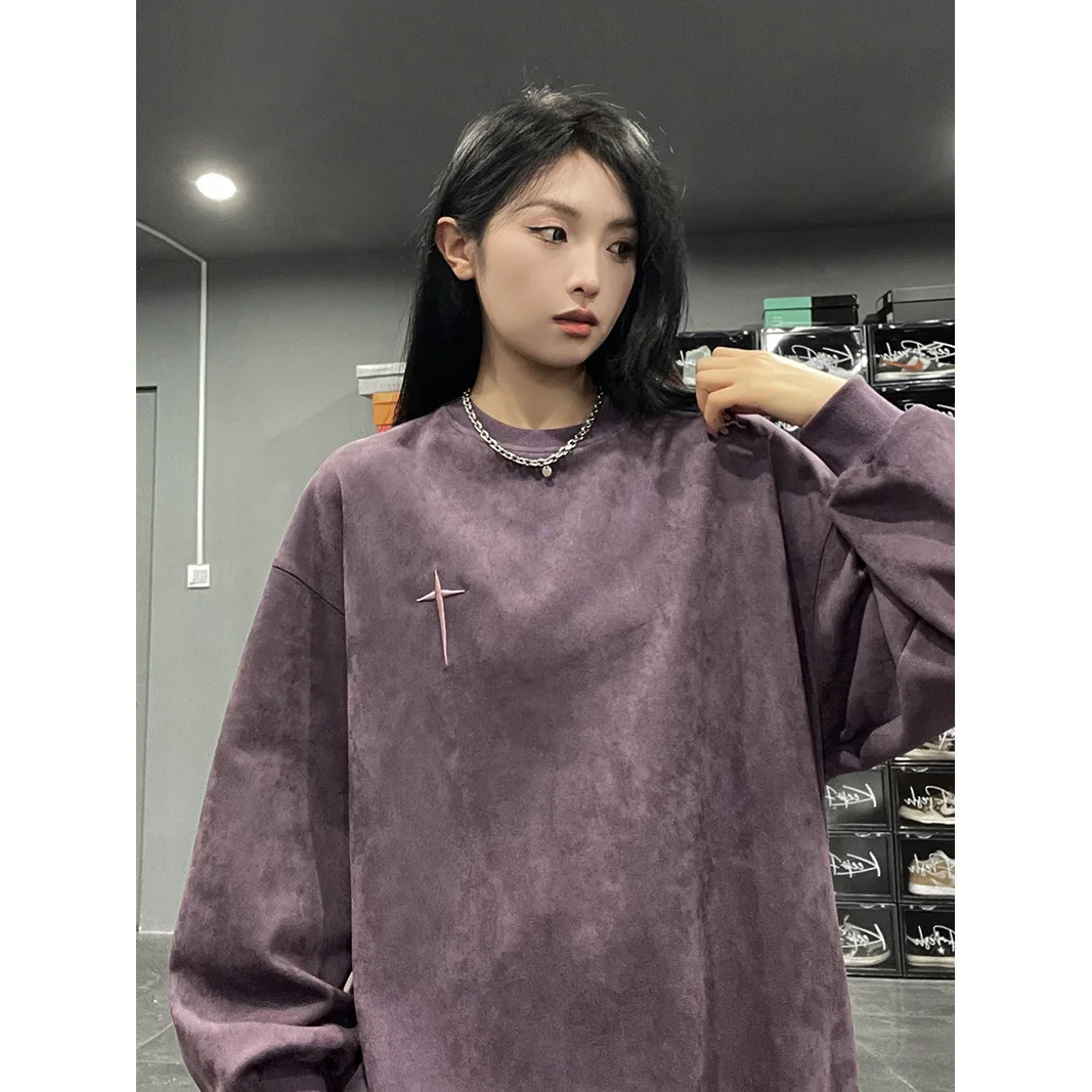 

American Retro Round Neck Women's Hoodie Top Autumn Fashion Embroidered Letter Oversized Loose Pullover Sweatshirt Streetwear