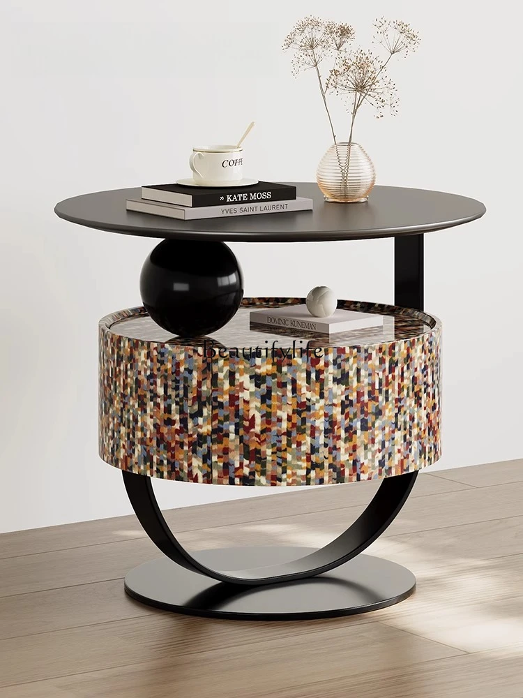 

Italian Minimalist Creative Bedside Table Solid Wood Colorful Storage Light Luxury High-end Mosaic Bedside Cabinet