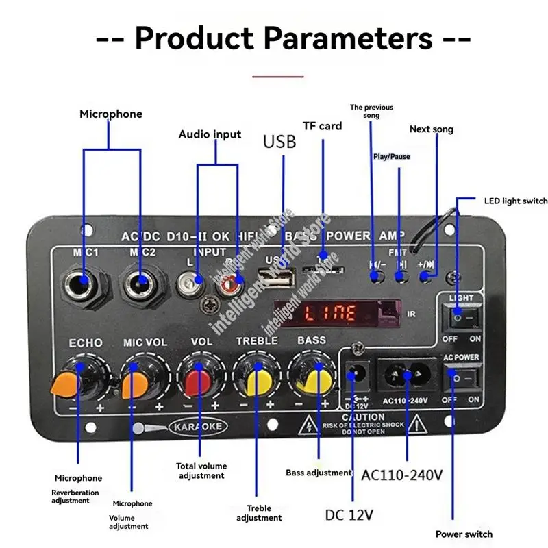 

DC10-II 12 В домашний караоке Bluetooth усилитель плата уличный автомобильный аудио сабвуфер с дисплеем и американской вилкой-ABWO