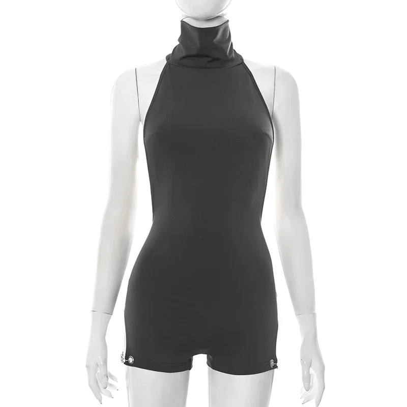 Sexy sem costas playsuits feminino halter gola alta sem mangas magro corrente de metal pêssego hip meia-noite estilo selvagem macacão 2025 verão