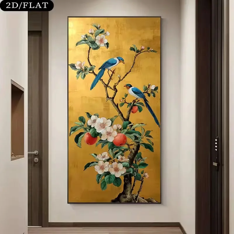 (1PC Unframe)Large Canvas Wall Art Decor - Modern Luxury Canvas Painting of Golden & Birds & Floral Branches, Contemporary Decor