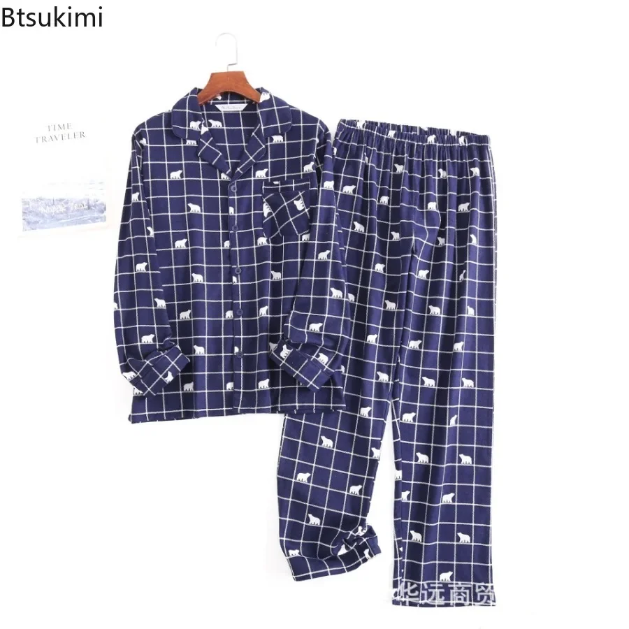 

2025 Men's 100% Cotton Pajamas Sets Flannel Long Sleeve Cardigan Trousers Sleepwear 2 Pieces Men Loose Casual Nightie Homewear