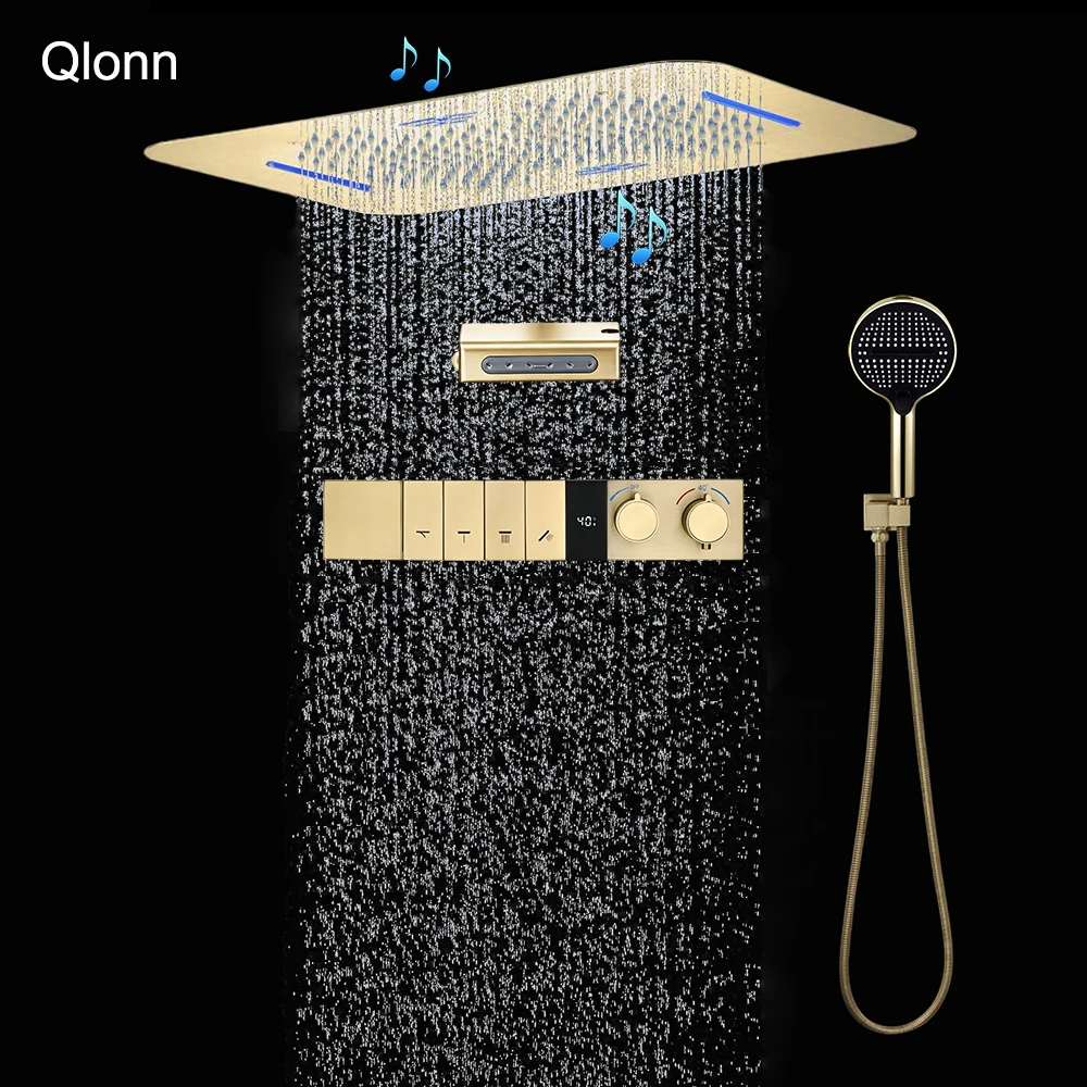 

Элитная душевая система Qlonn Luxury Gold 580*380 мм с LED-подсветкой, музыкальным душем, потолочной лейкой, цифровым дисплеем и термостатическим клапаном для ванной комнаты