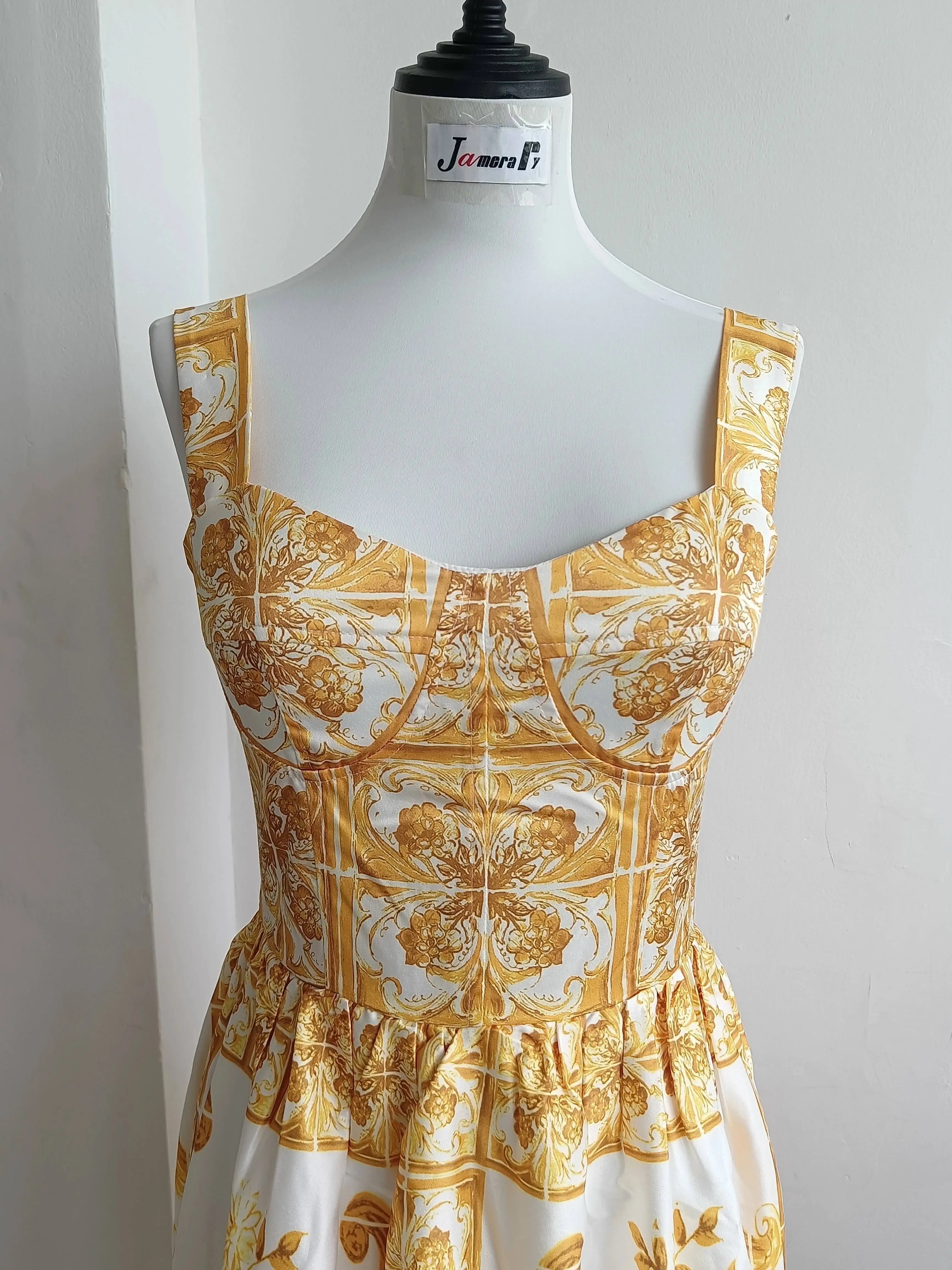 Summer Holiday Yellow Print Midi Beach Dress Women Spaghetti Strap Elastic Backless Red White Porcelain Flower Sundress