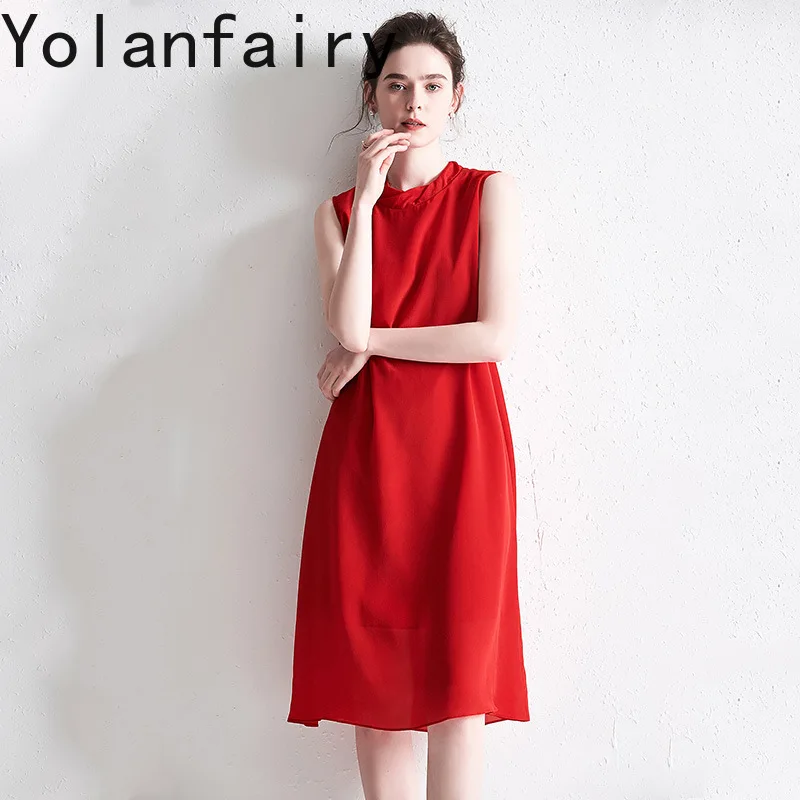 

YOLANFAIRY 14ММ 100% Натуральное шелковое платье из тутового шелкопряда, летнее, 2026, женское модное красное платье без рукавов, свободное, элегантное, женское платье А-силуэта