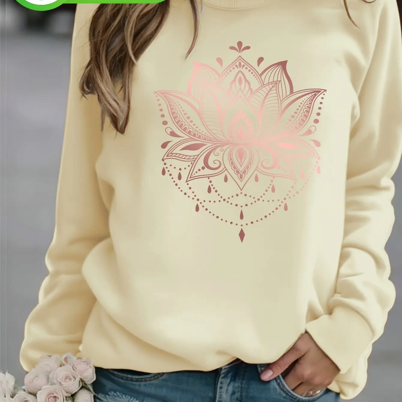 

Women's Round Neck Sweatshirt Vintage Rose Golden for Lotus & Floral Print Casual Layering Top Soft Knish-like Texture Sweater