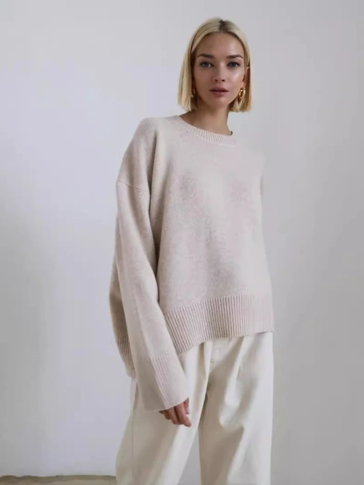 

Осень-зима 2022, новый женский элегантный вязаный свитер с круглым вырезом, свободный теплый толстый пуловер с длинными рукавами