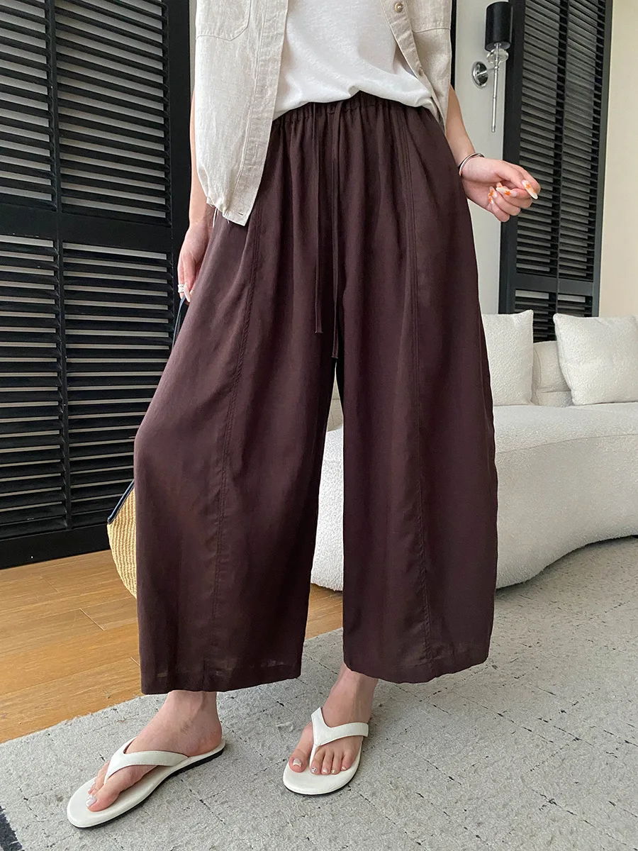 Sommerliche High-Waist-Hose mit weitem Bein für Damen, lässige, einfarbige, locker sitzende Hose – Detail 7
